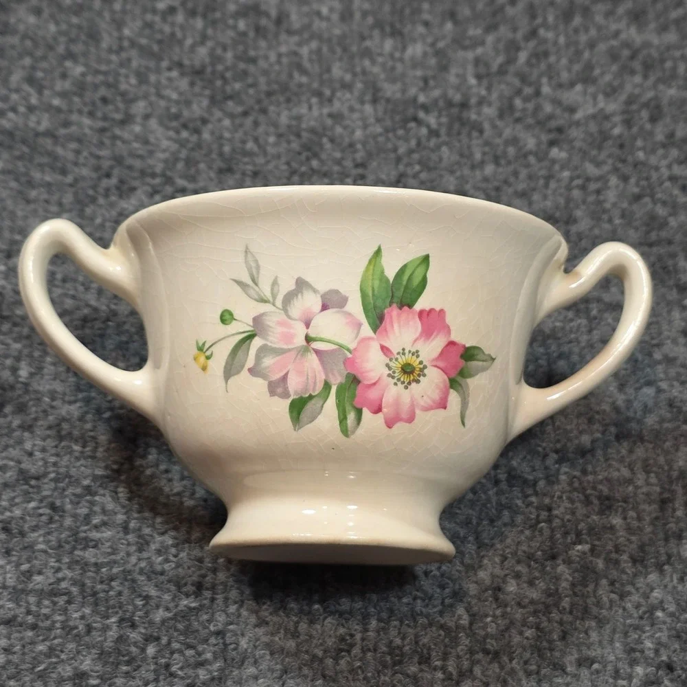 Vintage Floral Ceramic Sugar Bowl Lid Cream Pink Crazed Glaze Pedestal Grandma